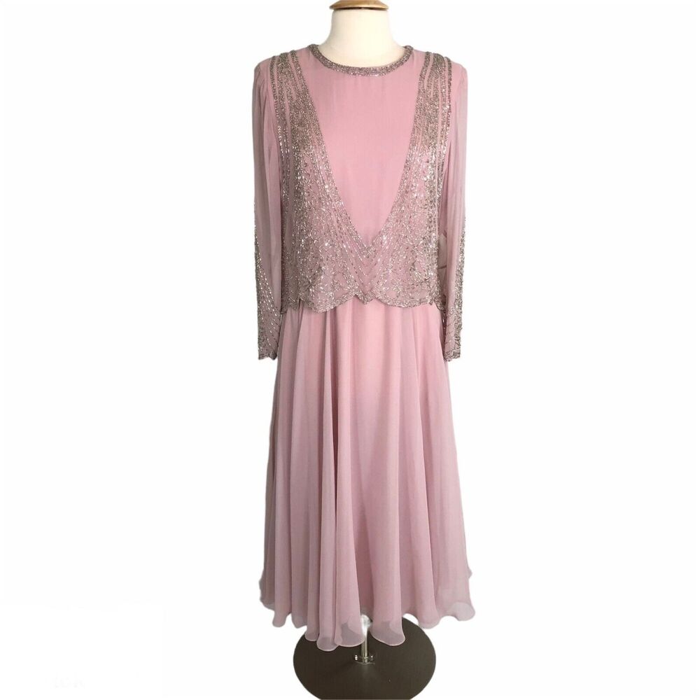 Jack Bryan Sequin Mother of Bride Dress A-Line Flare Lagenlook Pink Size Large